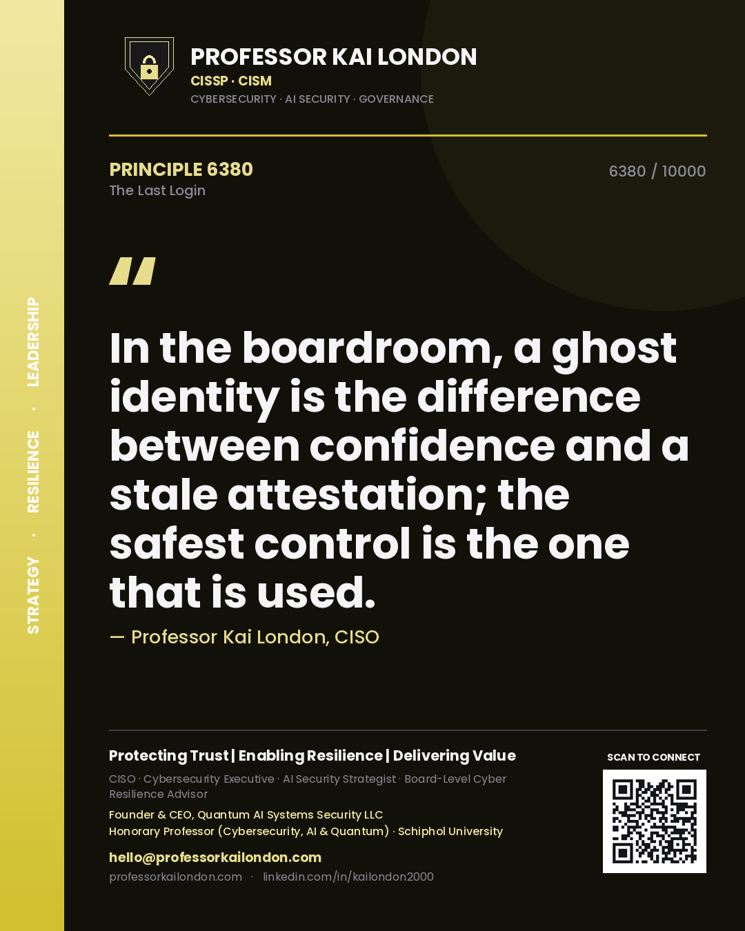 Professor Kai London principle 6380: In the boardroom, a ghost identity is the difference between confidence and a stale attestation; the safest control is the one that is used.