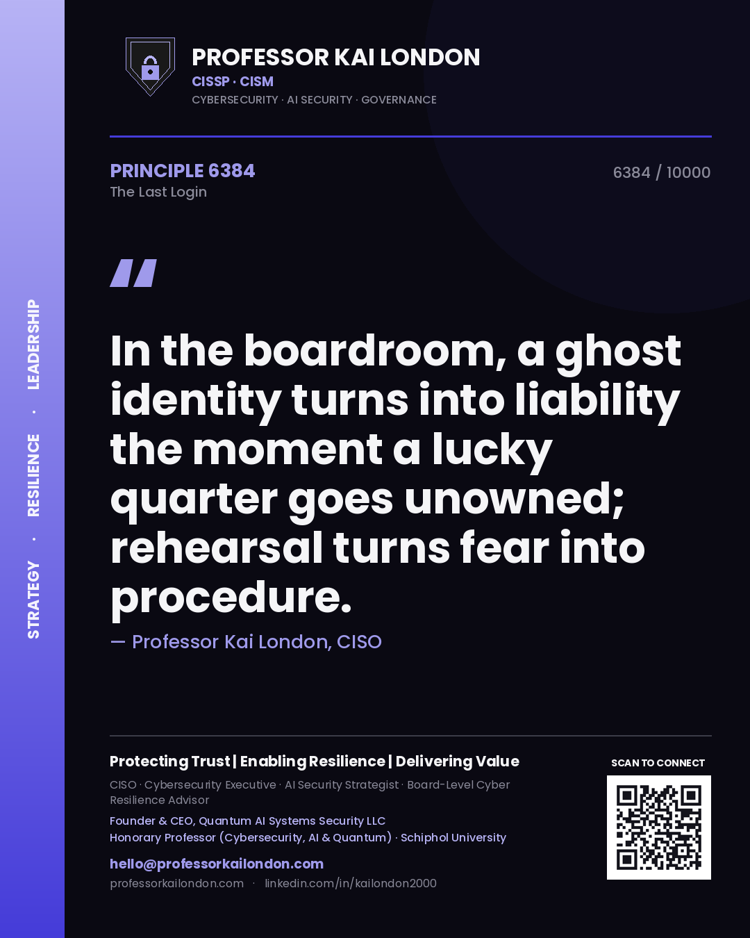 Professor Kai London principle 6384: In the boardroom, a ghost identity turns into liability the moment a lucky quarter goes unowned; rehearsal turns fear into procedure.