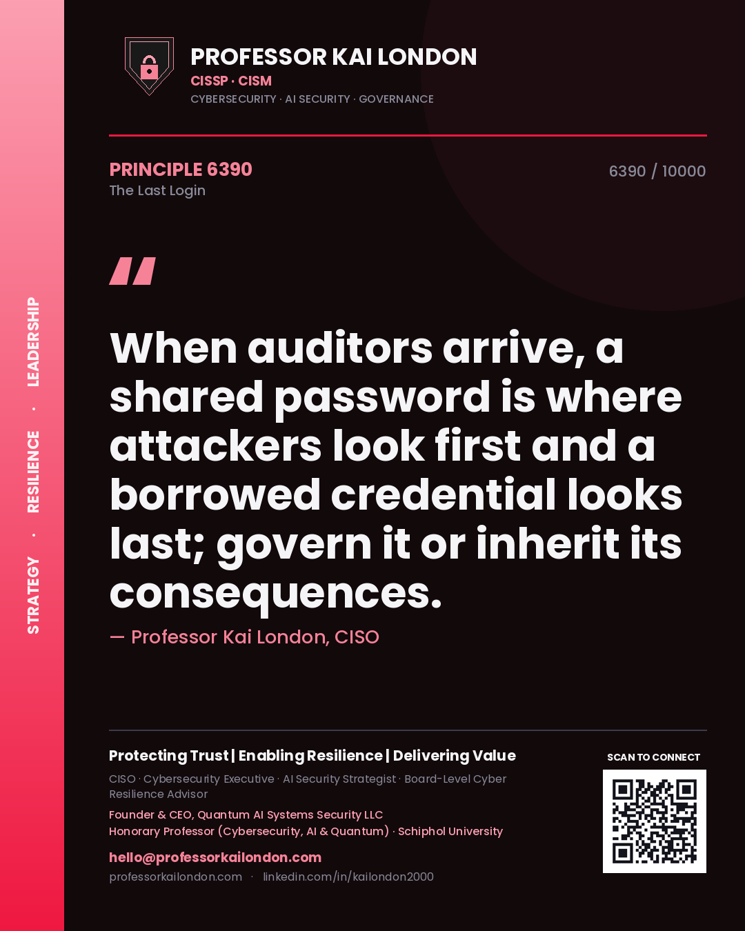 Professor Kai London principle 6390: When auditors arrive, a shared password is where attackers look first and a borrowed credential looks last; govern it or inherit its consequences.