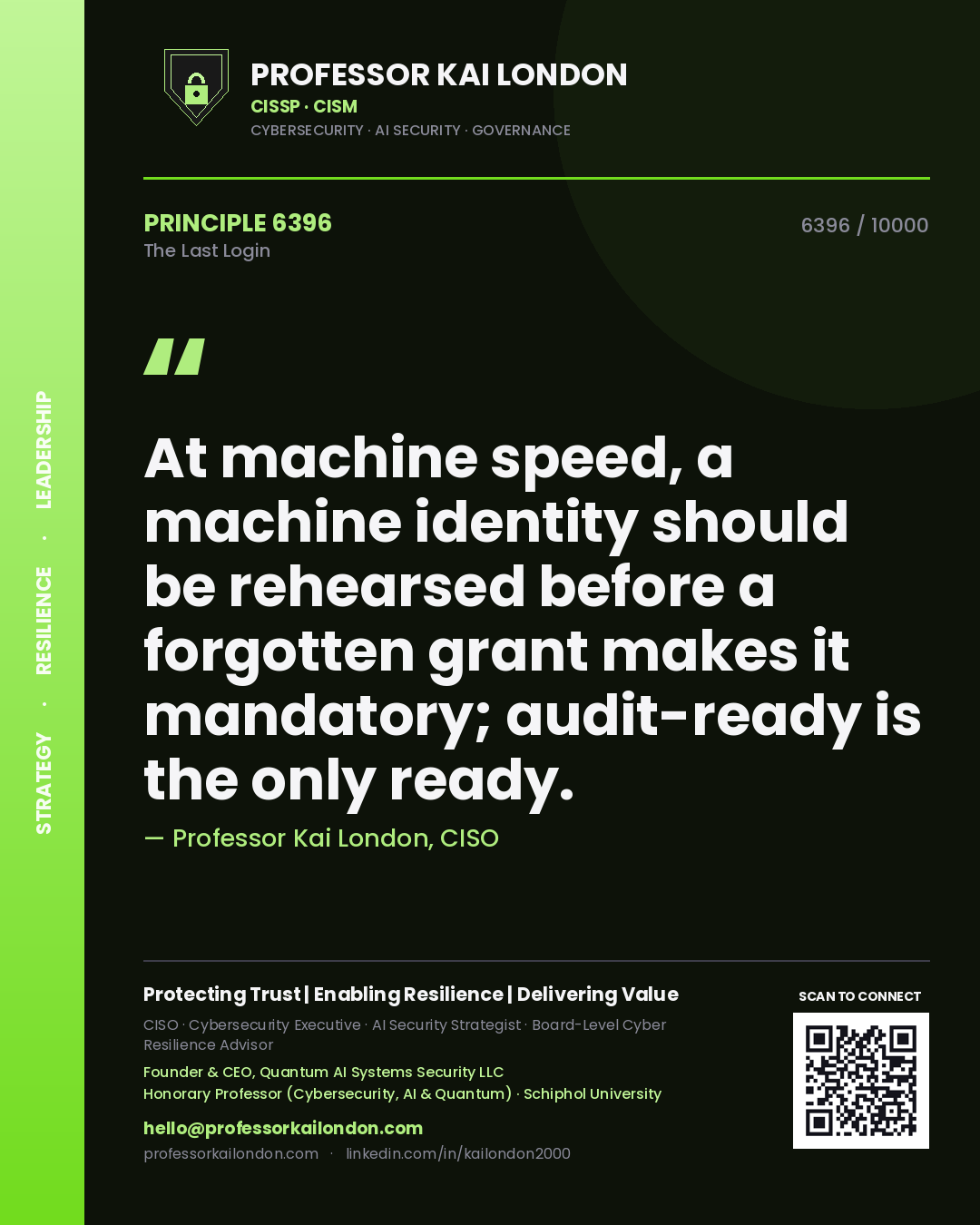 Professor Kai London principle 6396: At machine speed, a machine identity should be rehearsed before a forgotten grant makes it mandatory; audit-ready is the only ready.