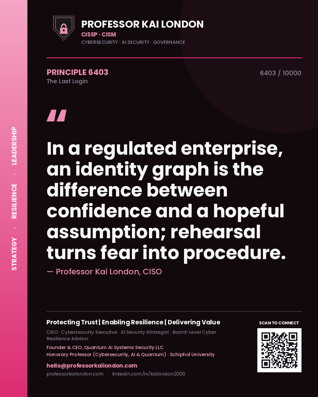 Professor Kai London principle 6403: In a regulated enterprise, an identity graph is the difference between confidence and a hopeful assumption; rehearsal turns fear into procedure.
