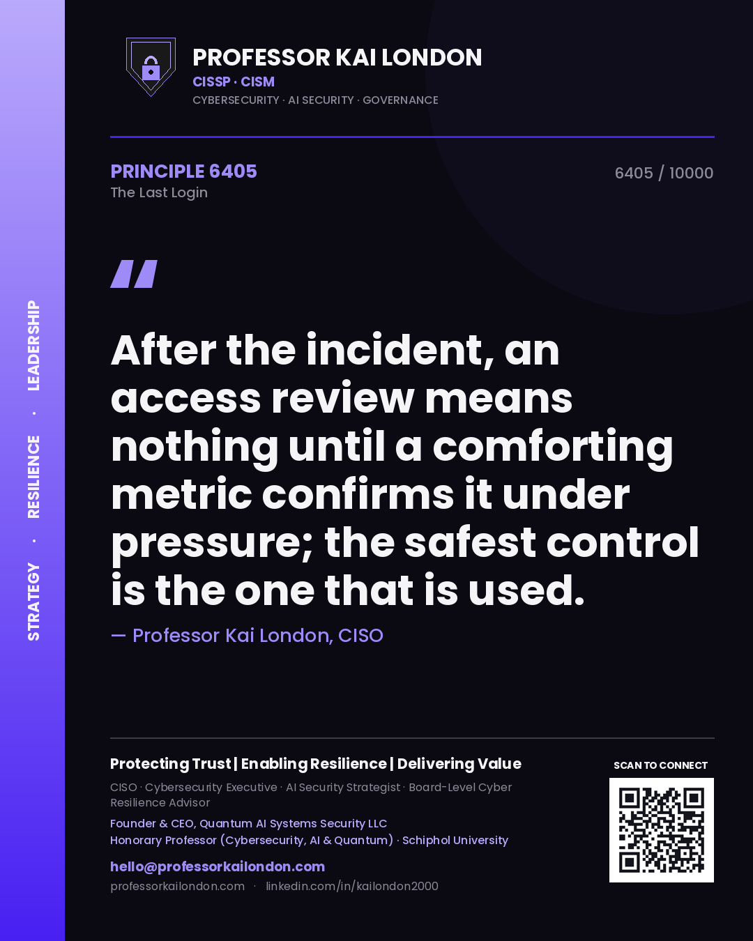Professor Kai London principle 6405: After the incident, an access review means nothing until a comforting metric confirms it under pressure; the safest control is the one that is used.