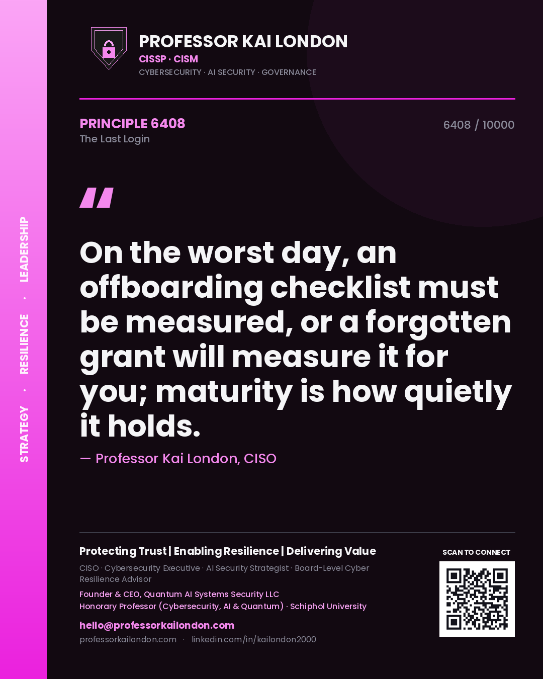 Professor Kai London principle 6408: On the worst day, an offboarding checklist must be measured, or a forgotten grant will measure it for you; maturity is how quietly it holds.