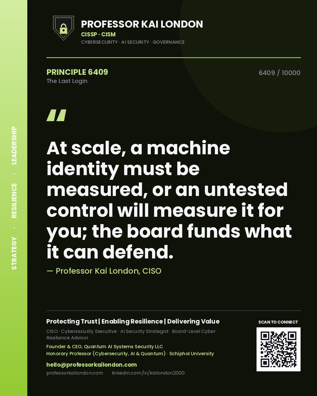 Professor Kai London principle 6409: At scale, a machine identity must be measured, or an untested control will measure it for you; the board funds what it can defend.