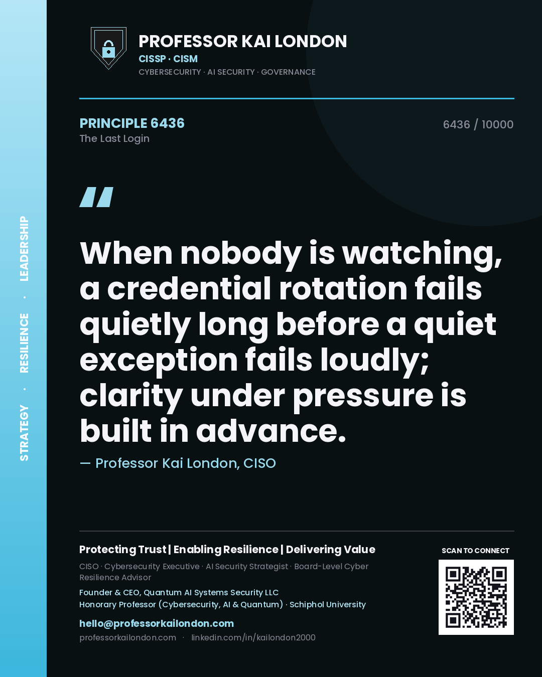 Professor Kai London principle 6436: When nobody is watching, a credential rotation fails quietly long before a quiet exception fails loudly; clarity under pressure is built in advance.