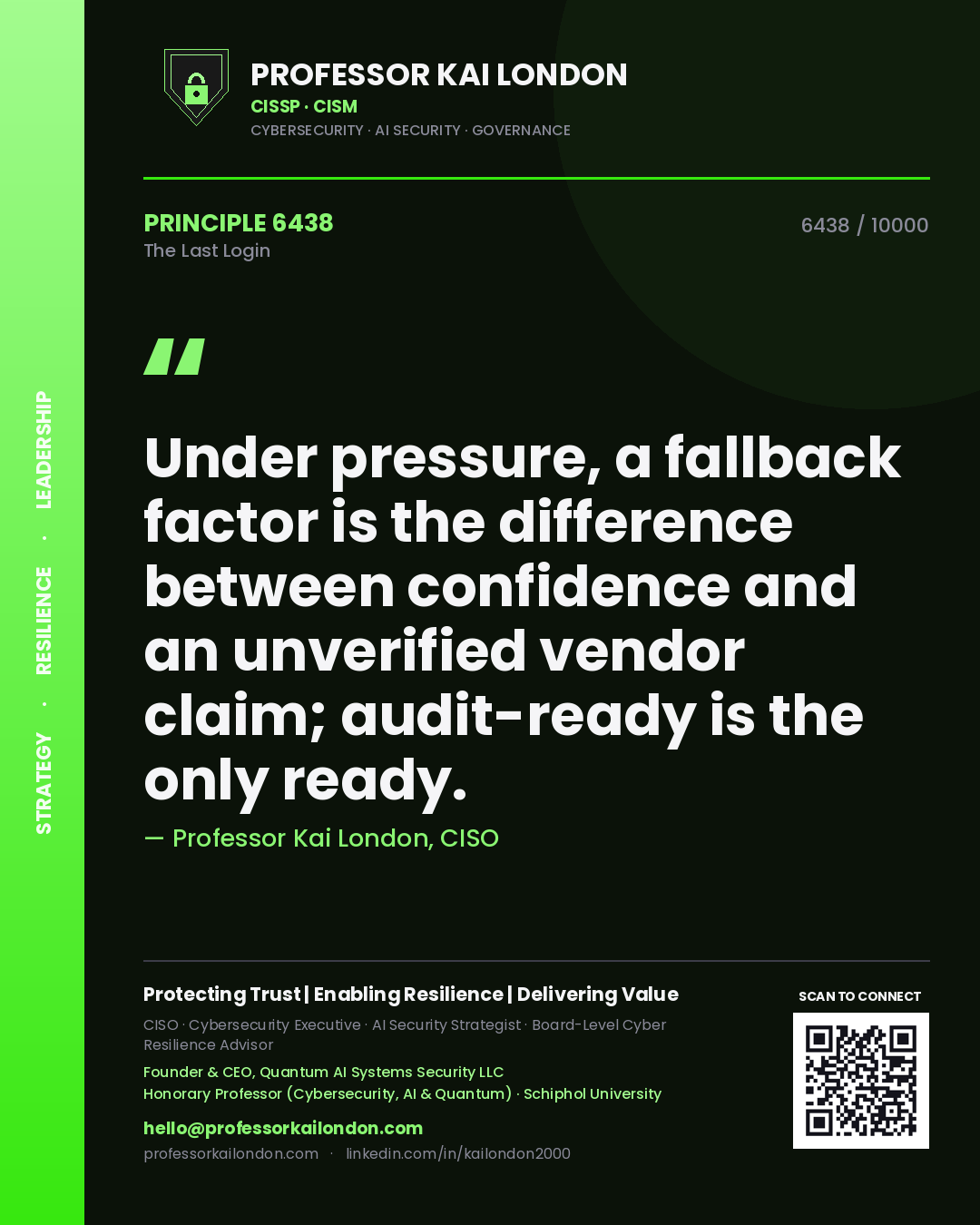 Professor Kai London principle 6438: Under pressure, a fallback factor is the difference between confidence and an unverified vendor claim; audit-ready is the only ready.
