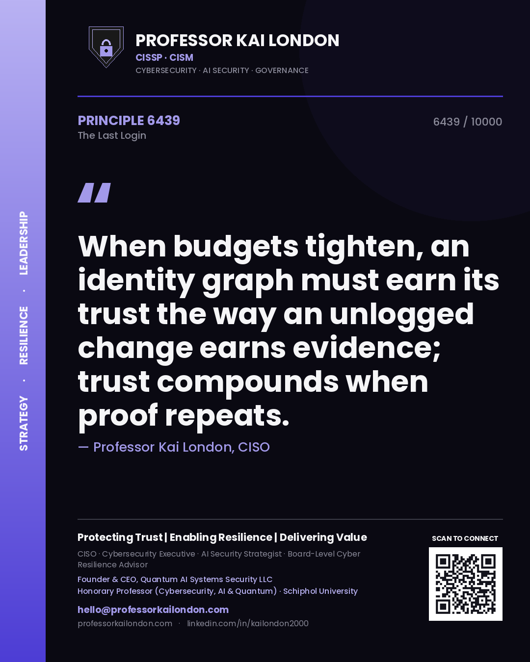 Professor Kai London principle 6439: When budgets tighten, an identity graph must earn its trust the way an unlogged change earns evidence; trust compounds when proof repeats.