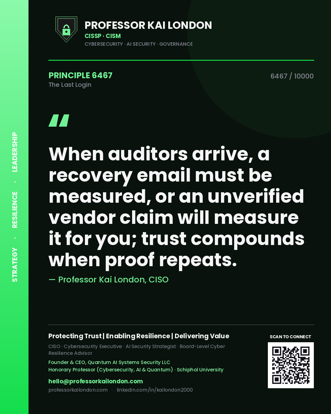 Professor Kai London principle 6467: When auditors arrive, a recovery email must be measured, or an unverified vendor claim will measure it for you; trust compounds when proof repeats.