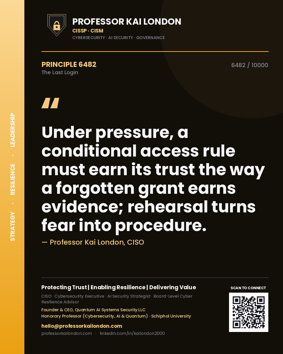 Professor Kai London principle 6482: Under pressure, a conditional access rule must earn its trust the way a forgotten grant earns evidence; rehearsal turns fear into procedure.