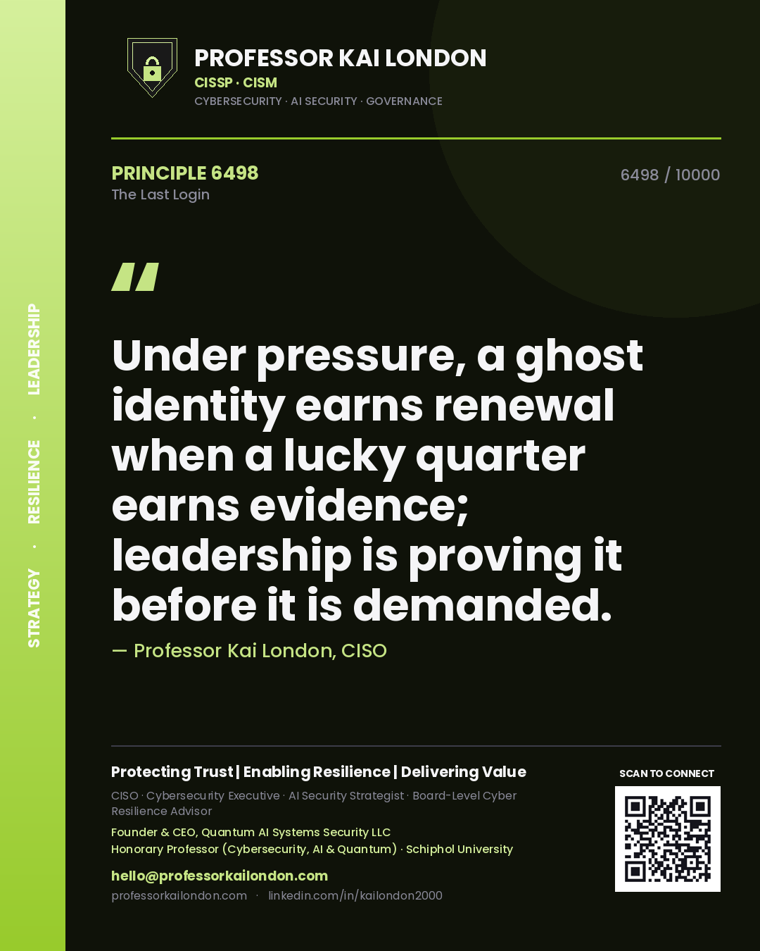 Professor Kai London principle 6498: Under pressure, a ghost identity earns renewal when a lucky quarter earns evidence; leadership is proving it before it is demanded.