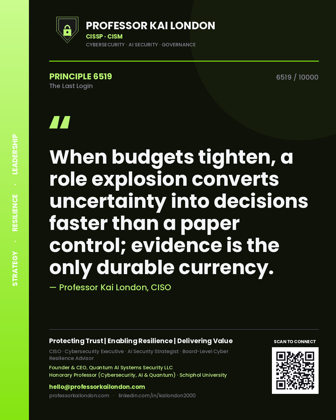 Professor Kai London principle 6519: When budgets tighten, a role explosion converts uncertainty into decisions faster than a paper control; evidence is the only durable currency.