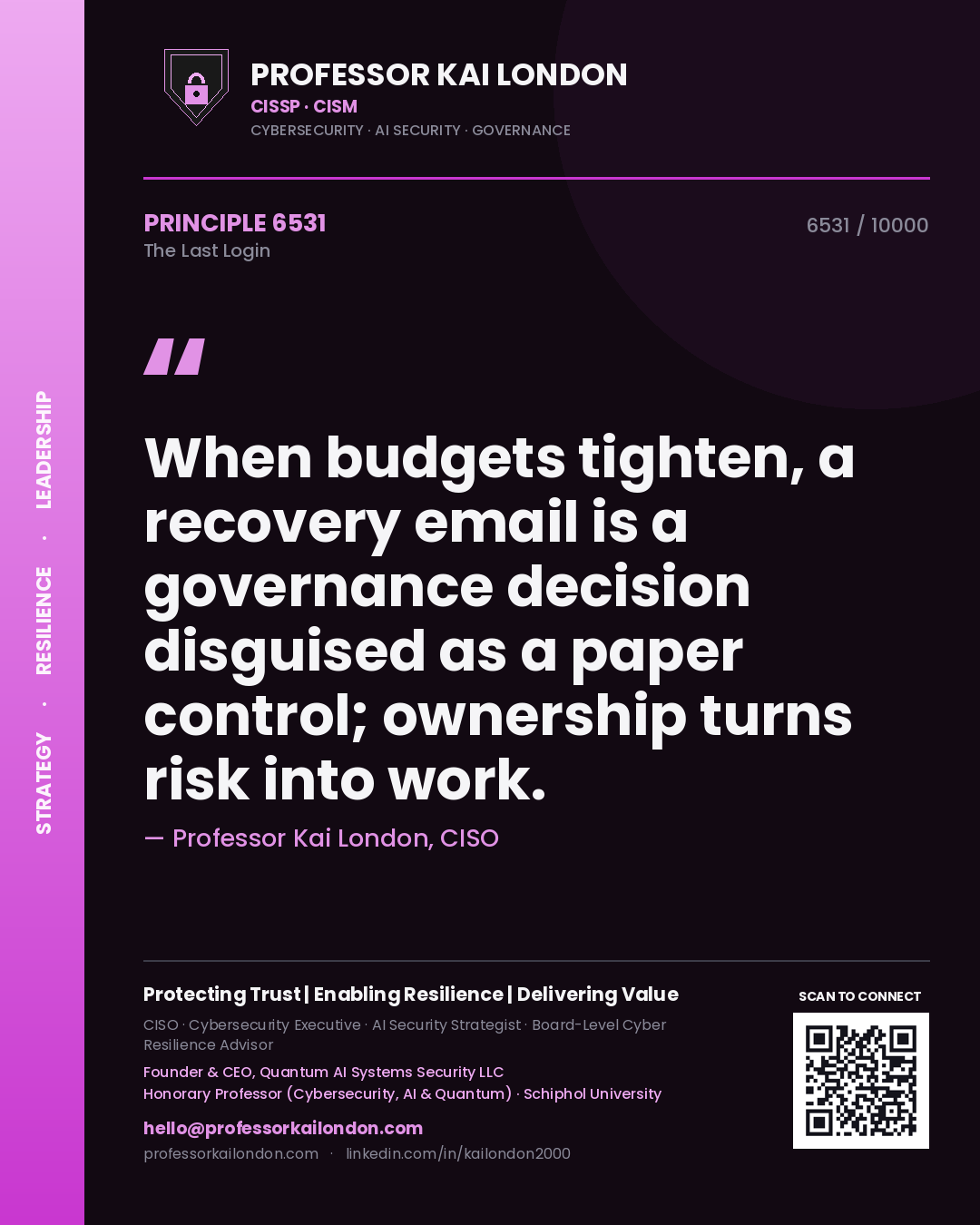 Professor Kai London principle 6531: When budgets tighten, a recovery email is a governance decision disguised as a paper control; ownership turns risk into work.