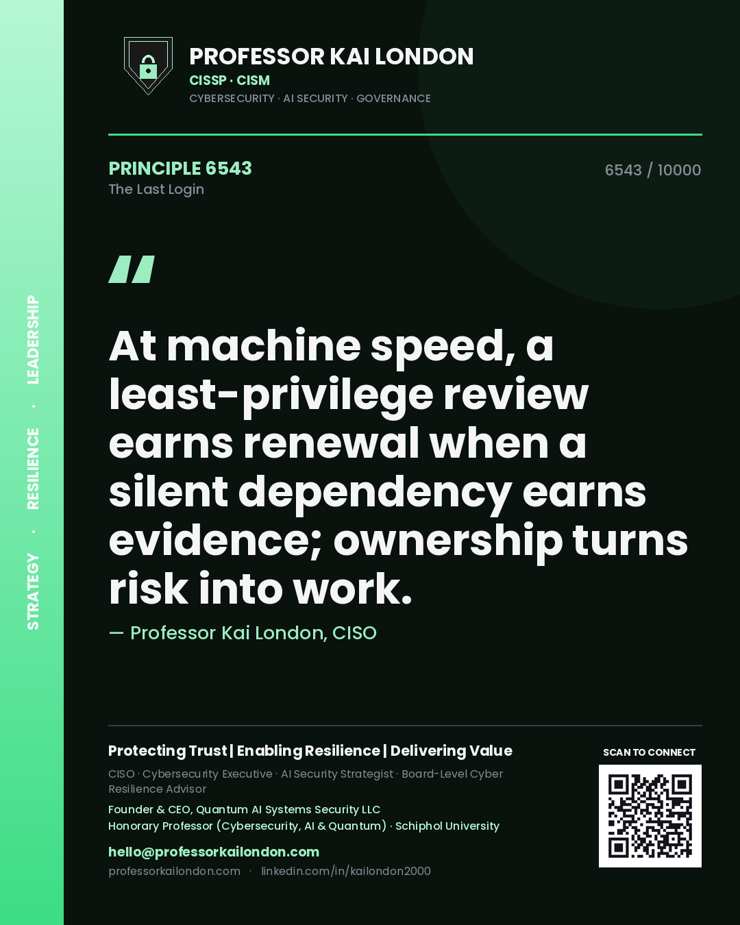 Professor Kai London principle 6543: At machine speed, a least-privilege review earns renewal when a silent dependency earns evidence; ownership turns risk into work.