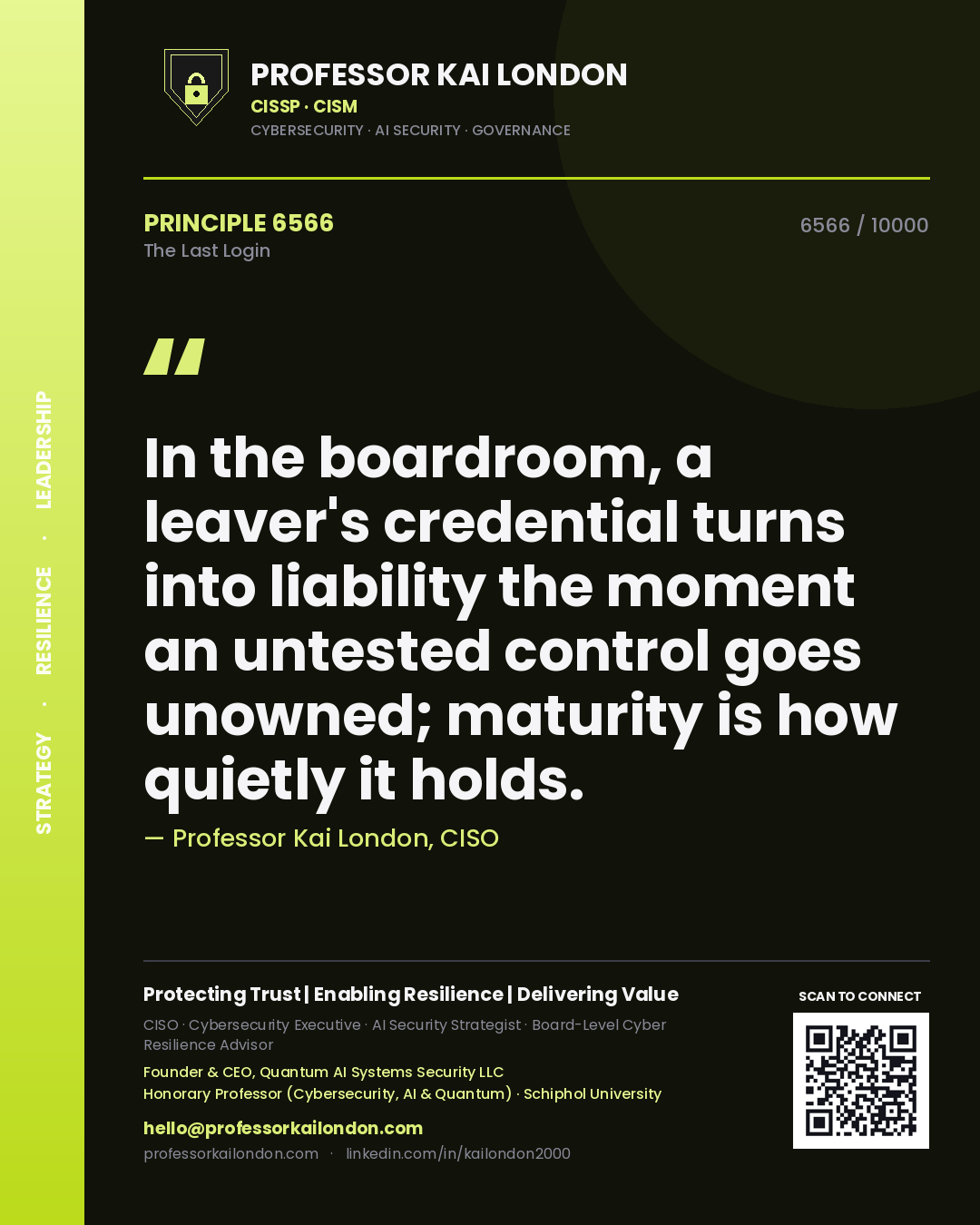 Professor Kai London principle 6566: In the boardroom, a leaver's credential turns into liability the moment an untested control goes unowned; maturity is how quietly it holds.
