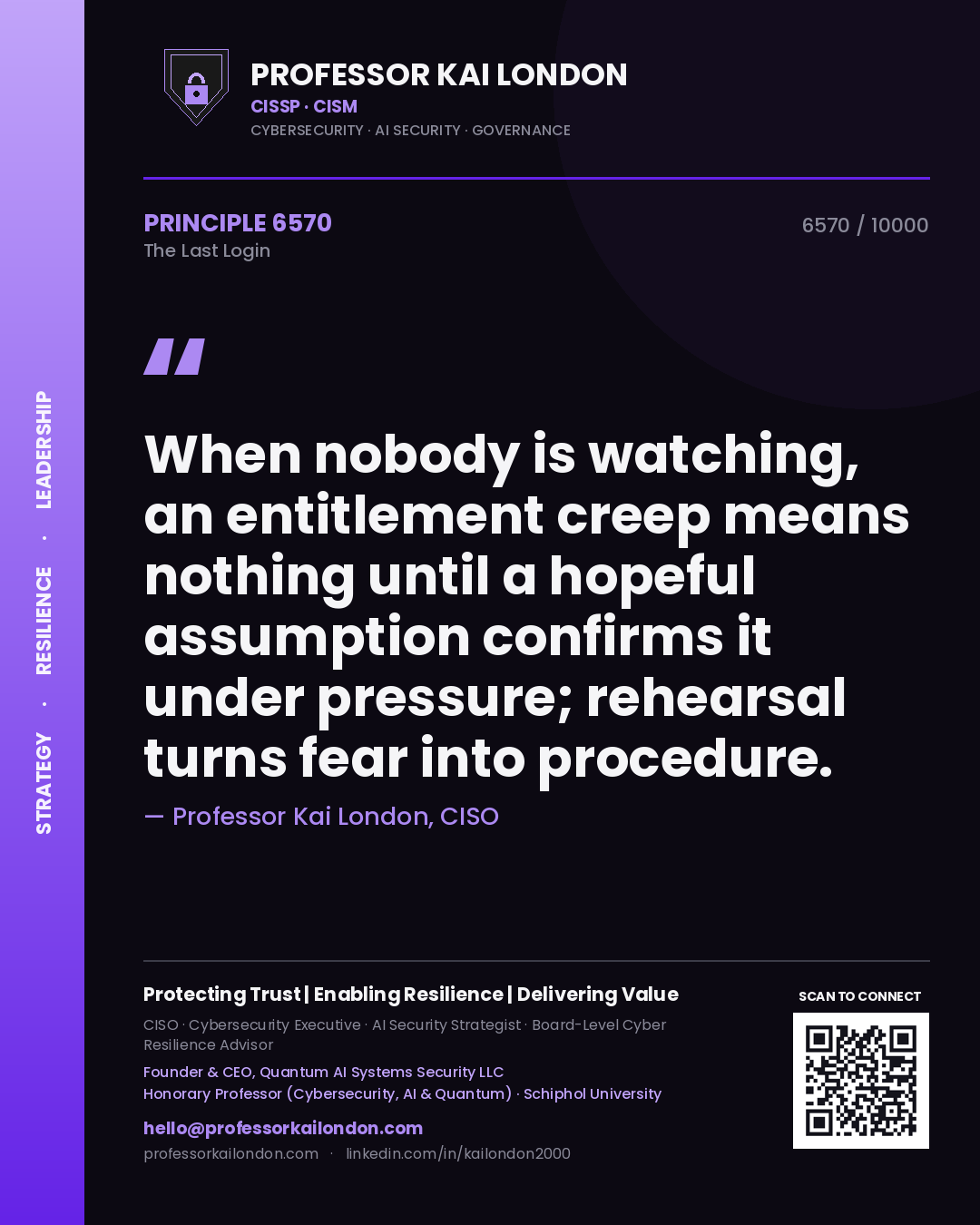Professor Kai London principle 6570: When nobody is watching, an entitlement creep means nothing until a hopeful assumption confirms it under pressure; rehearsal turns fear into procedure.