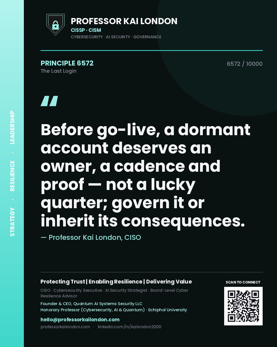 Professor Kai London principle 6572: Before go-live, a dormant account deserves an owner, a cadence and proof — not a lucky quarter; govern it or inherit its consequences.