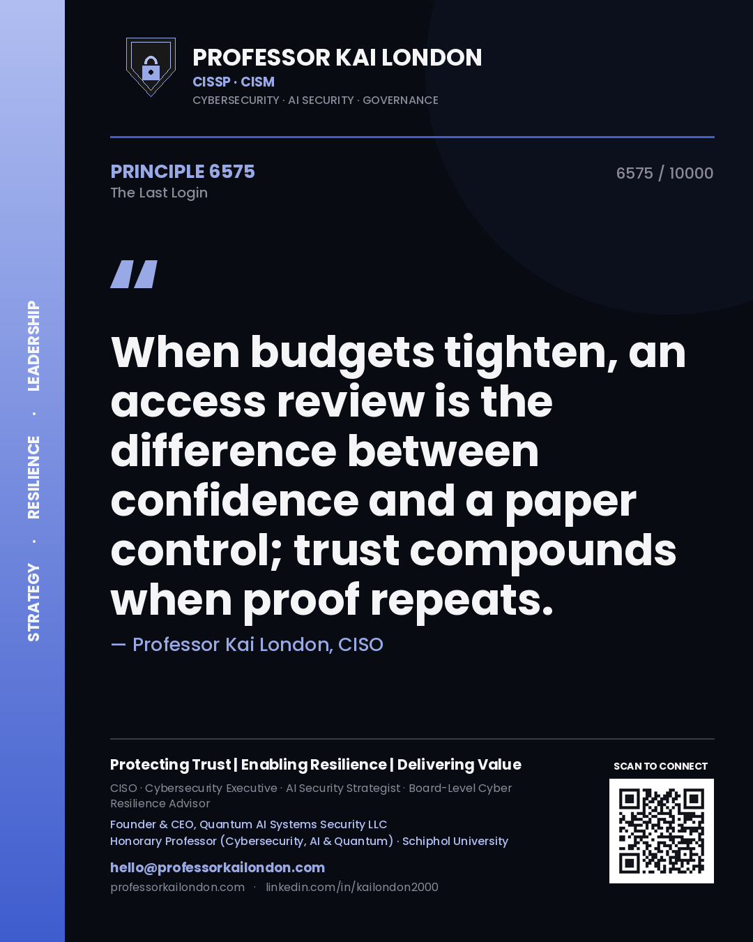 Professor Kai London principle 6575: When budgets tighten, an access review is the difference between confidence and a paper control; trust compounds when proof repeats.
