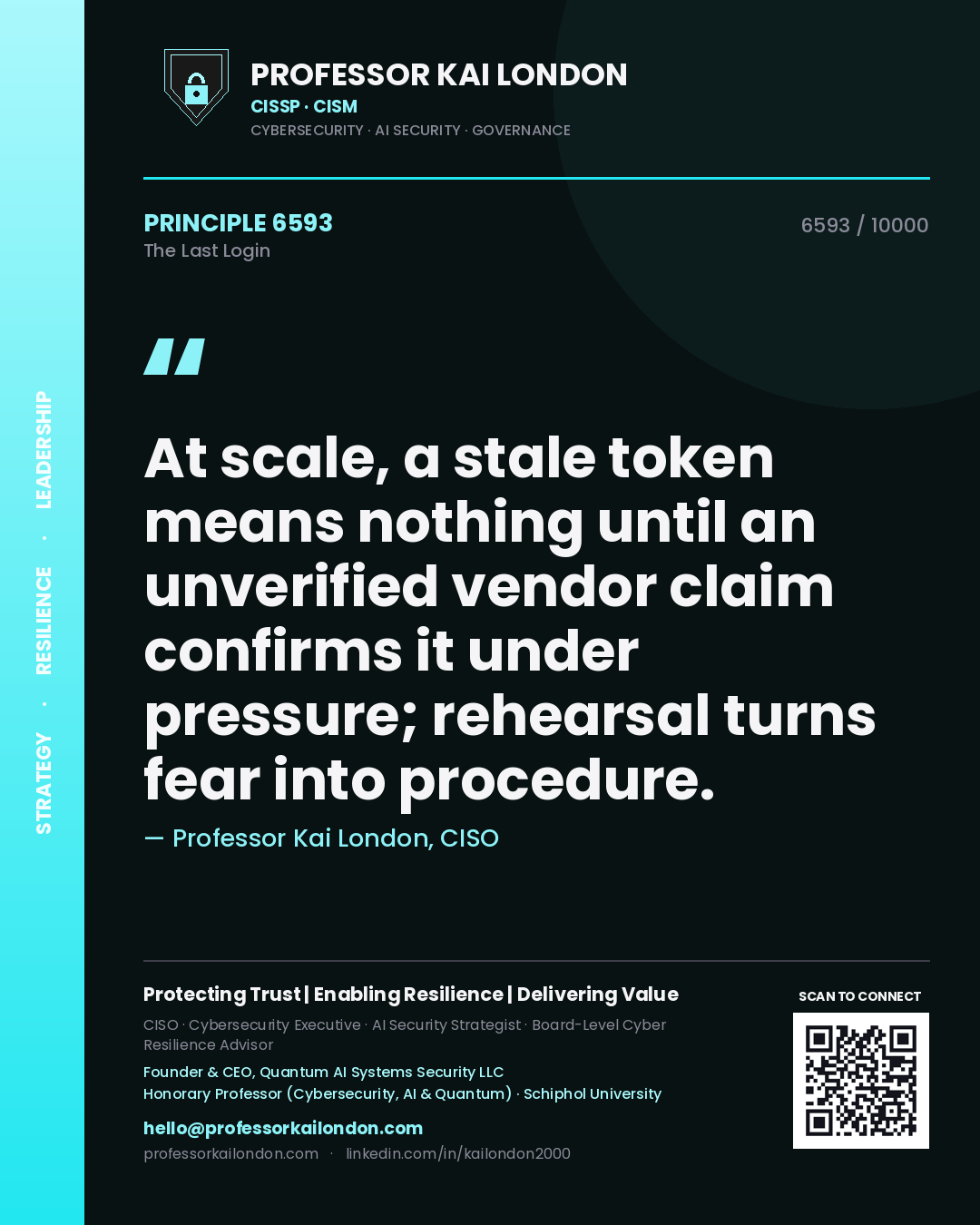 Professor Kai London principle 6593: At scale, a stale token means nothing until an unverified vendor claim confirms it under pressure; rehearsal turns fear into procedure.