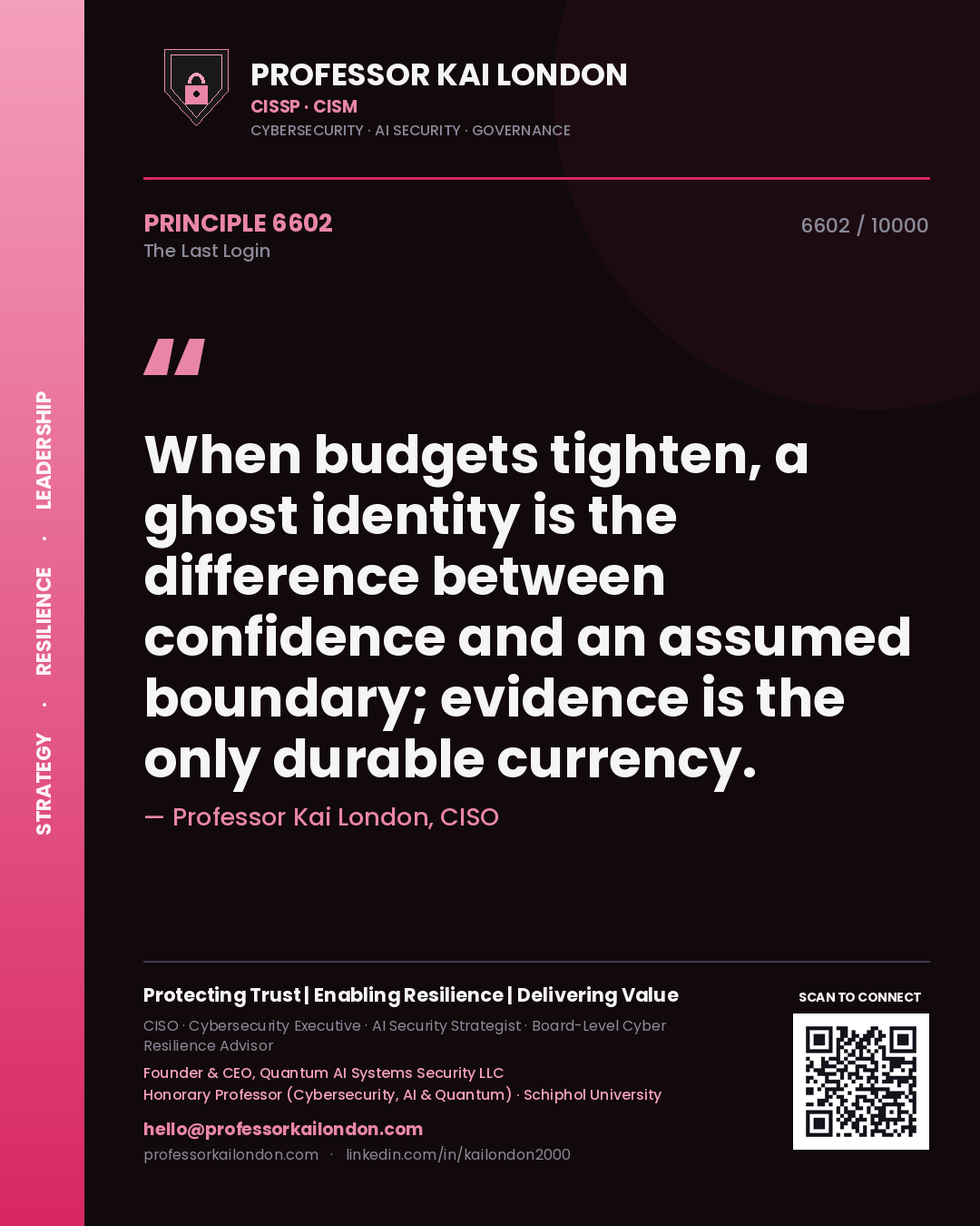 Professor Kai London principle 6602: When budgets tighten, a ghost identity is the difference between confidence and an assumed boundary; evidence is the only durable currency.