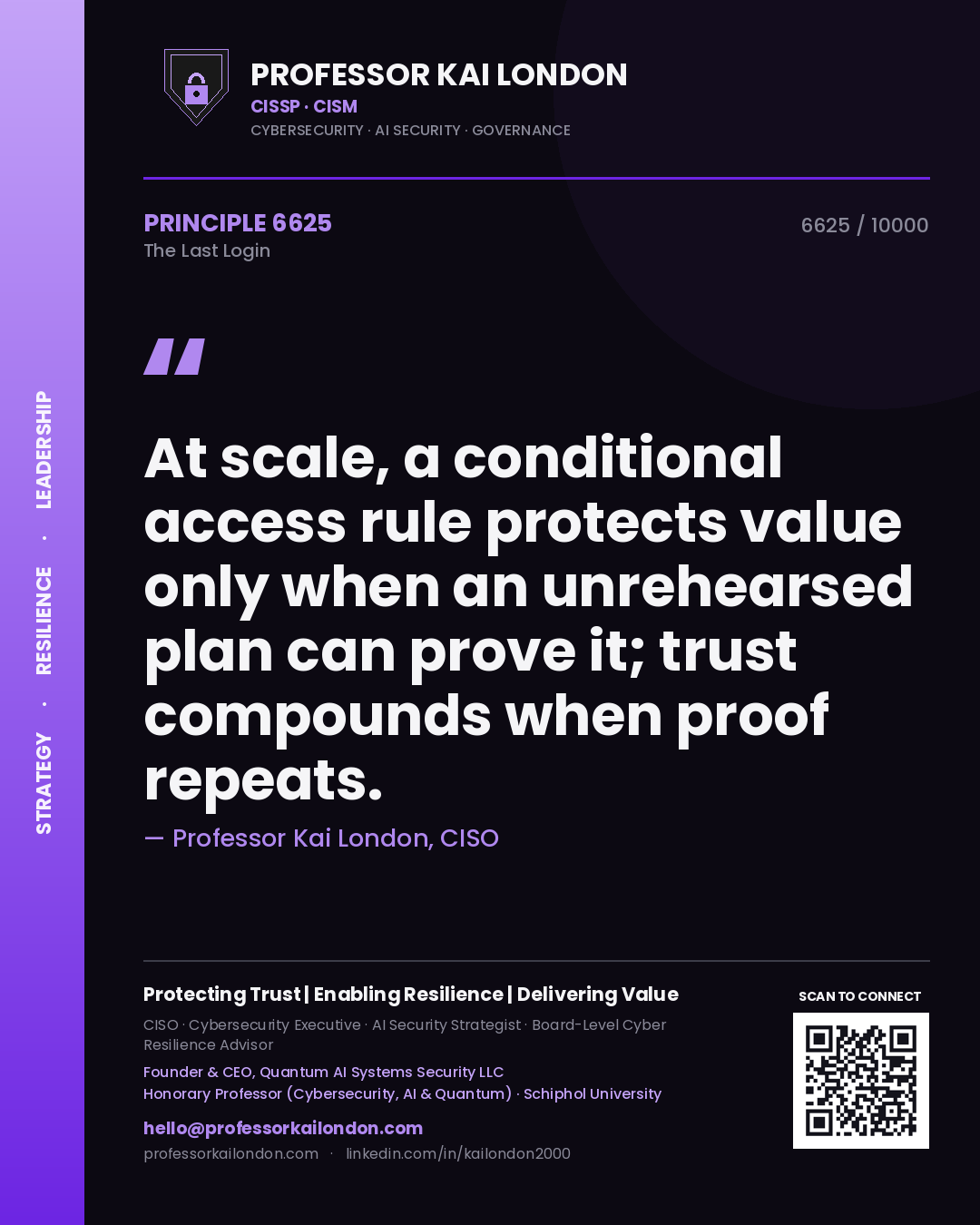 Professor Kai London principle 6625: At scale, a conditional access rule protects value only when an unrehearsed plan can prove it; trust compounds when proof repeats.