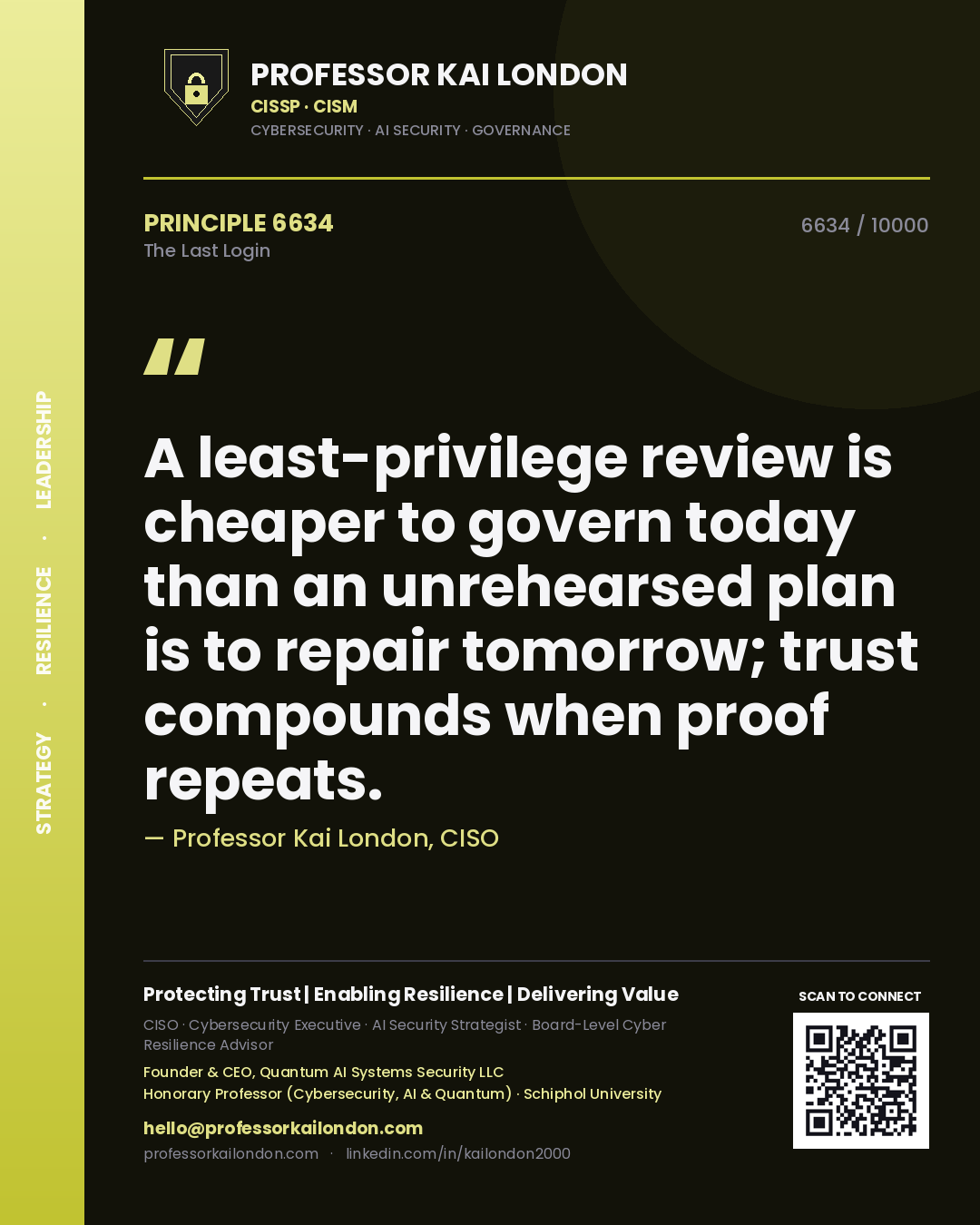 Professor Kai London principle 6634: A least-privilege review is cheaper to govern today than an unrehearsed plan is to repair tomorrow; trust compounds when proof repeats.