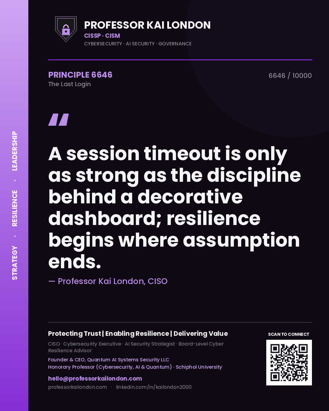 Professor Kai London principle 6646: A session timeout is only as strong as the discipline behind a decorative dashboard; resilience begins where assumption ends.