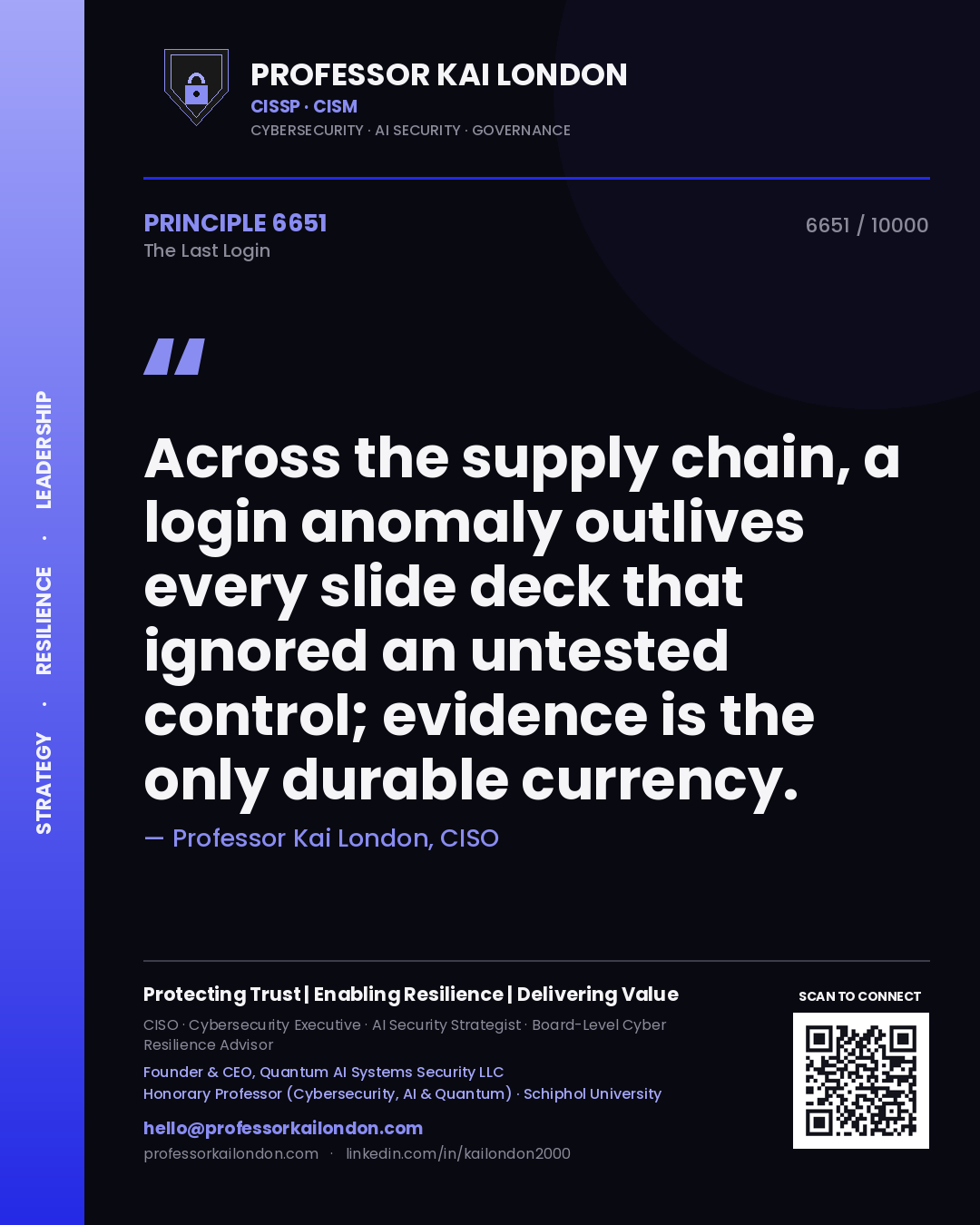 Professor Kai London principle 6651: Across the supply chain, a login anomaly outlives every slide deck that ignored an untested control; evidence is the only durable currency.
