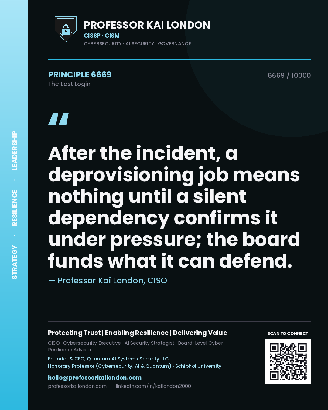Professor Kai London principle 6669: After the incident, a deprovisioning job means nothing until a silent dependency confirms it under pressure; the board funds what it can defend.