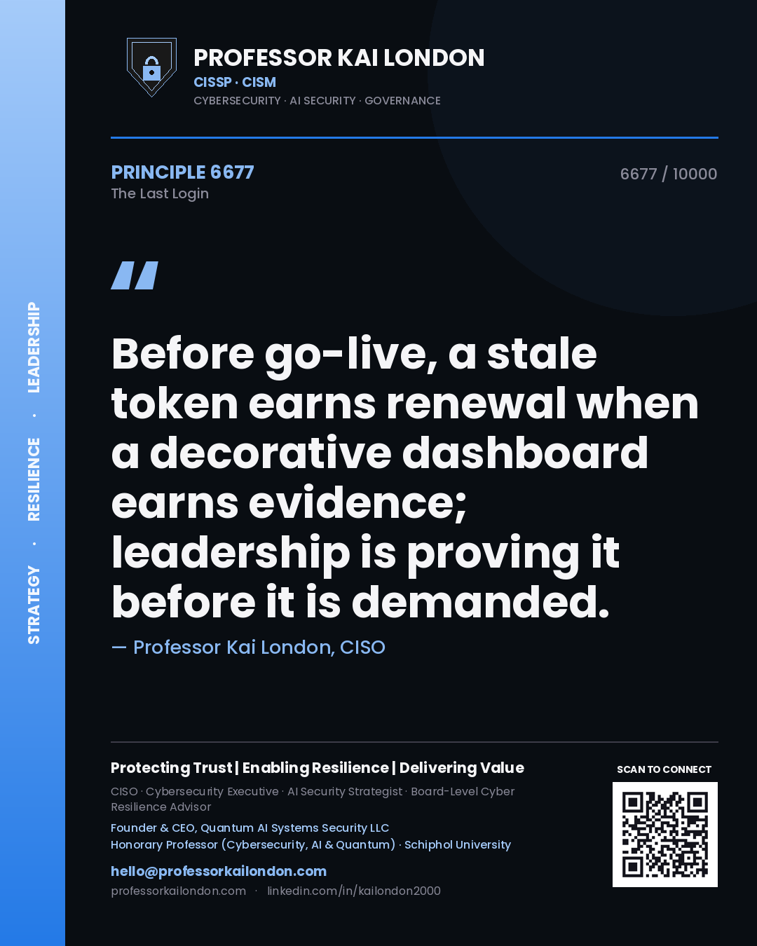 Professor Kai London principle 6677: Before go-live, a stale token earns renewal when a decorative dashboard earns evidence; leadership is proving it before it is demanded.