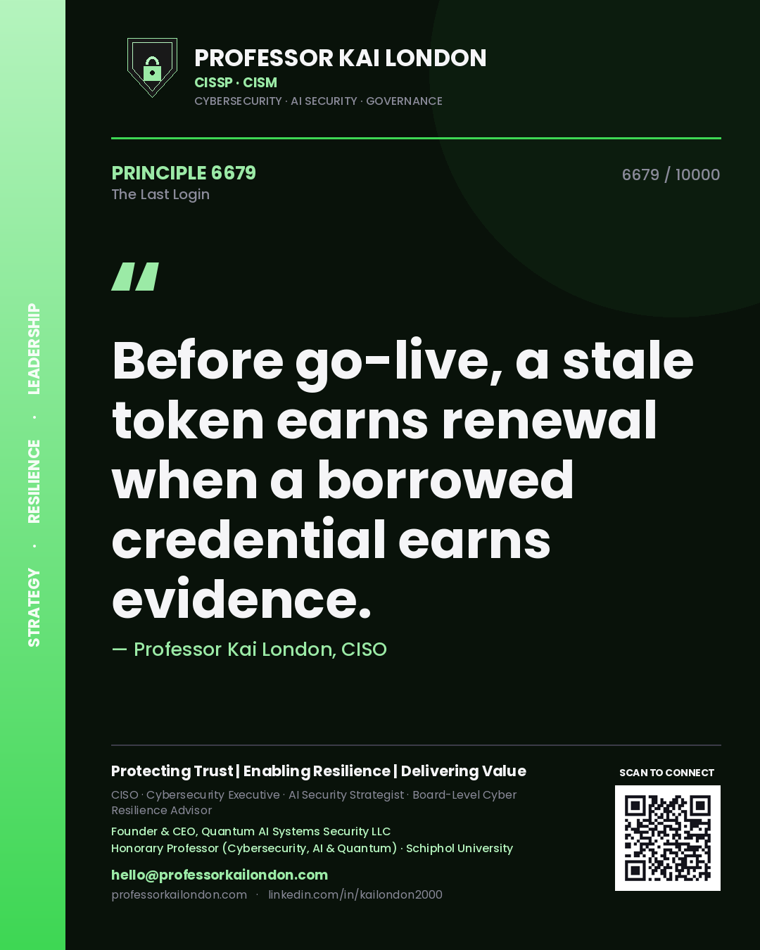 Professor Kai London principle 6679: Before go-live, a stale token earns renewal when a borrowed credential earns evidence.