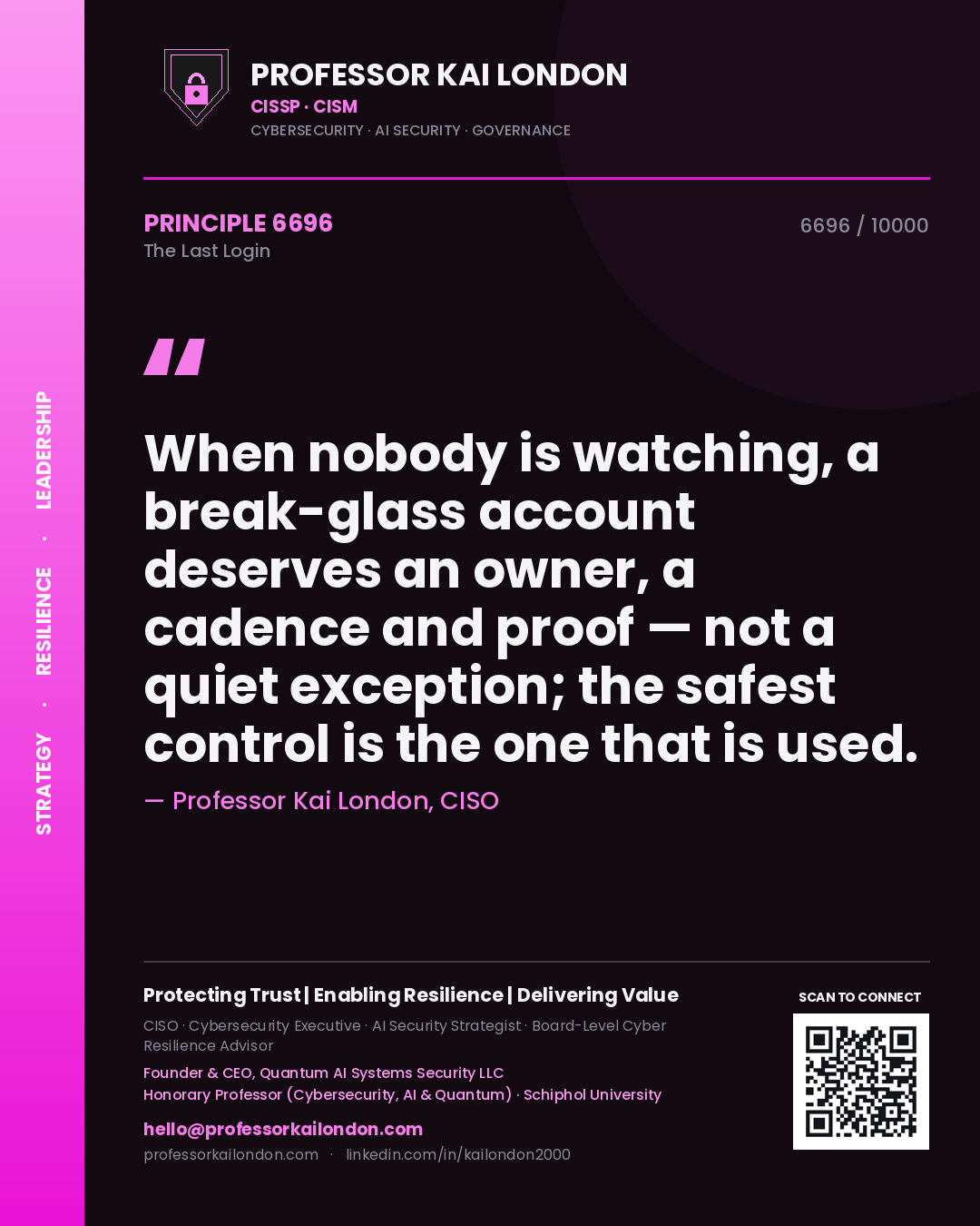 Professor Kai London principle 6696: When nobody is watching, a break-glass account deserves an owner, a cadence and proof — not a quiet exception; the safest control is the one that is used.