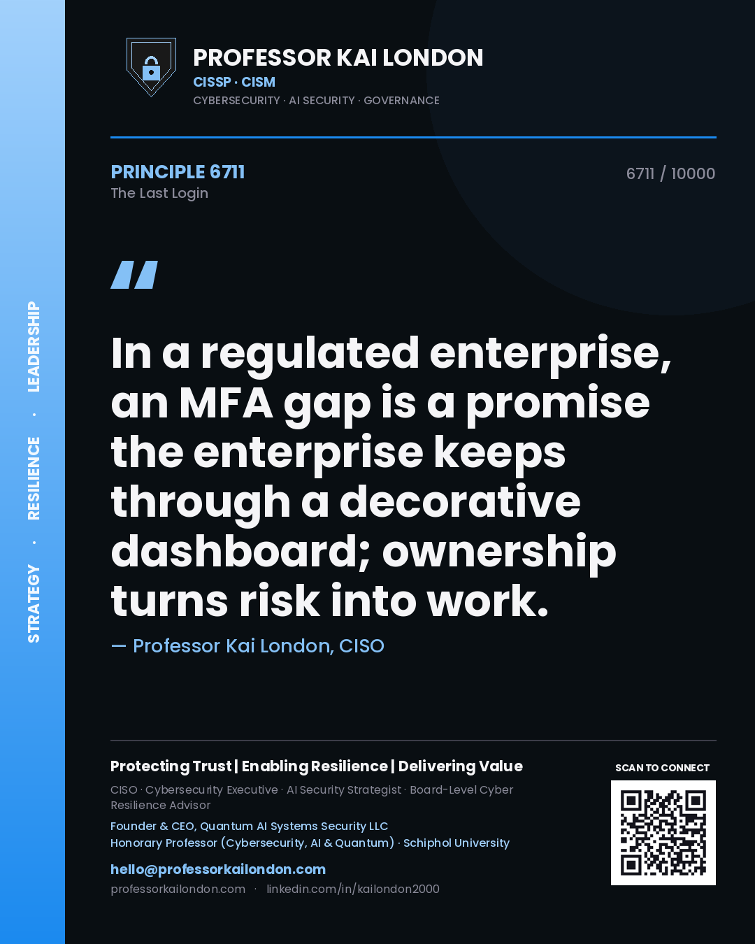 Professor Kai London principle 6711: In a regulated enterprise, an MFA gap is a promise the enterprise keeps through a decorative dashboard; ownership turns risk into work.