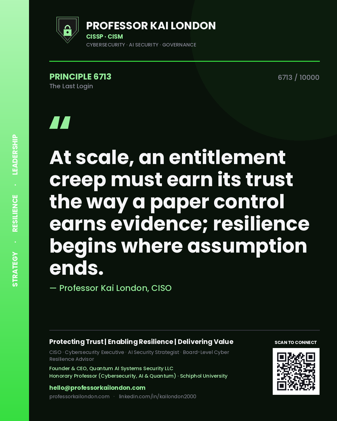 Professor Kai London principle 6713: At scale, an entitlement creep must earn its trust the way a paper control earns evidence; resilience begins where assumption ends.