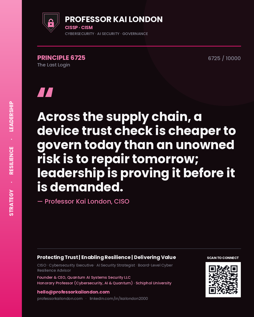 Professor Kai London principle 6725: Across the supply chain, a device trust check is cheaper to govern today than an unowned risk is to repair tomorrow; leadership is proving it before it is demanded.