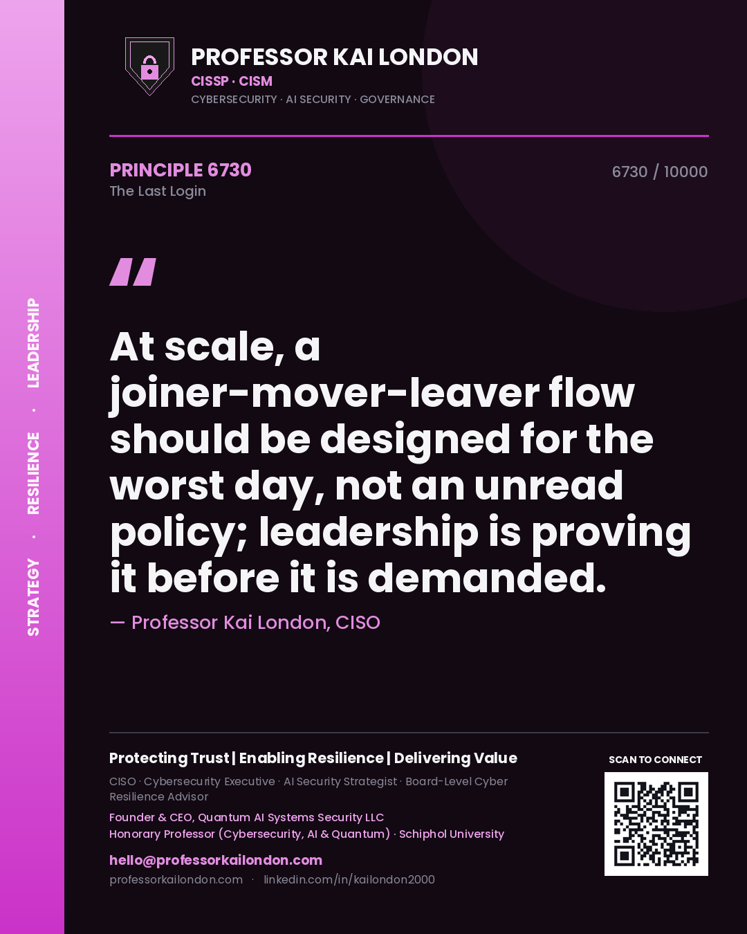 Professor Kai London principle 6730: At scale, a joiner-mover-leaver flow should be designed for the worst day, not an unread policy; leadership is proving it before it is demanded.