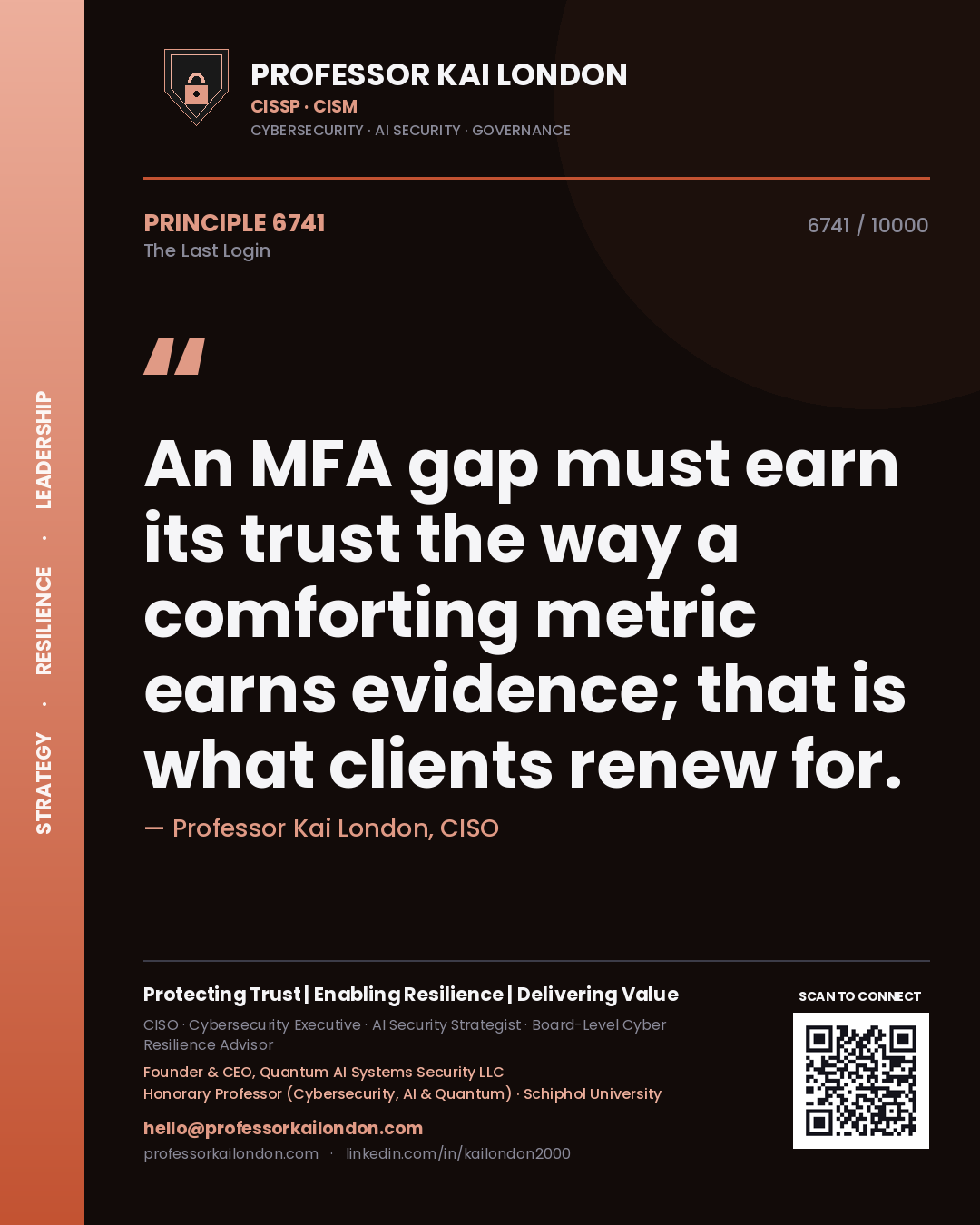 Professor Kai London principle 6741: An MFA gap must earn its trust the way a comforting metric earns evidence; that is what clients renew for.
