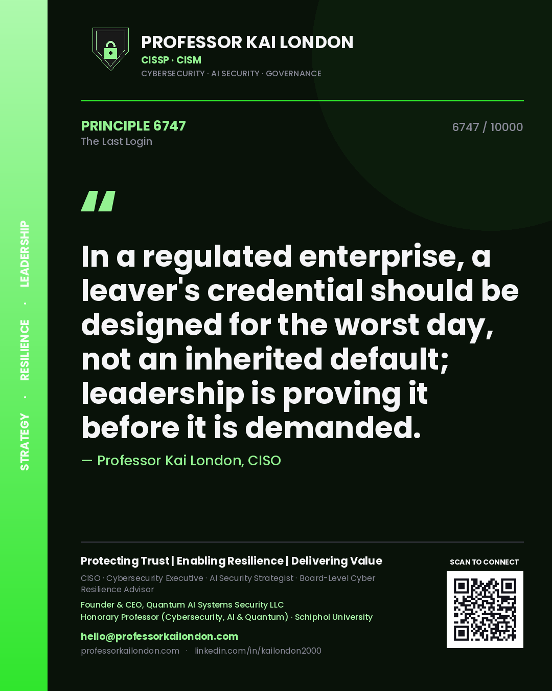 Professor Kai London principle 6747: In a regulated enterprise, a leaver's credential should be designed for the worst day, not an inherited default; leadership is proving it before it is demanded.