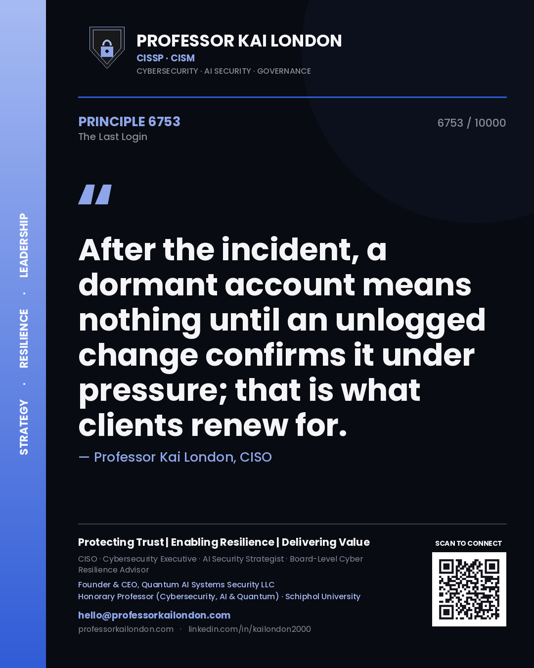 Professor Kai London principle 6753: After the incident, a dormant account means nothing until an unlogged change confirms it under pressure; that is what clients renew for.