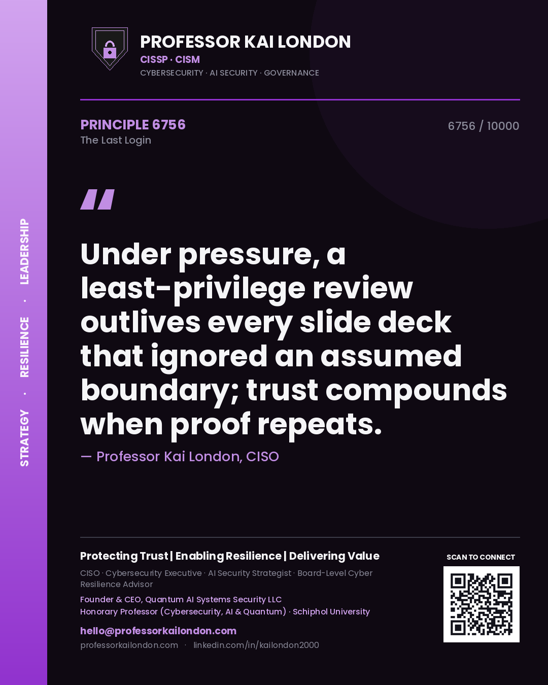 Professor Kai London principle 6756: Under pressure, a least-privilege review outlives every slide deck that ignored an assumed boundary; trust compounds when proof repeats.