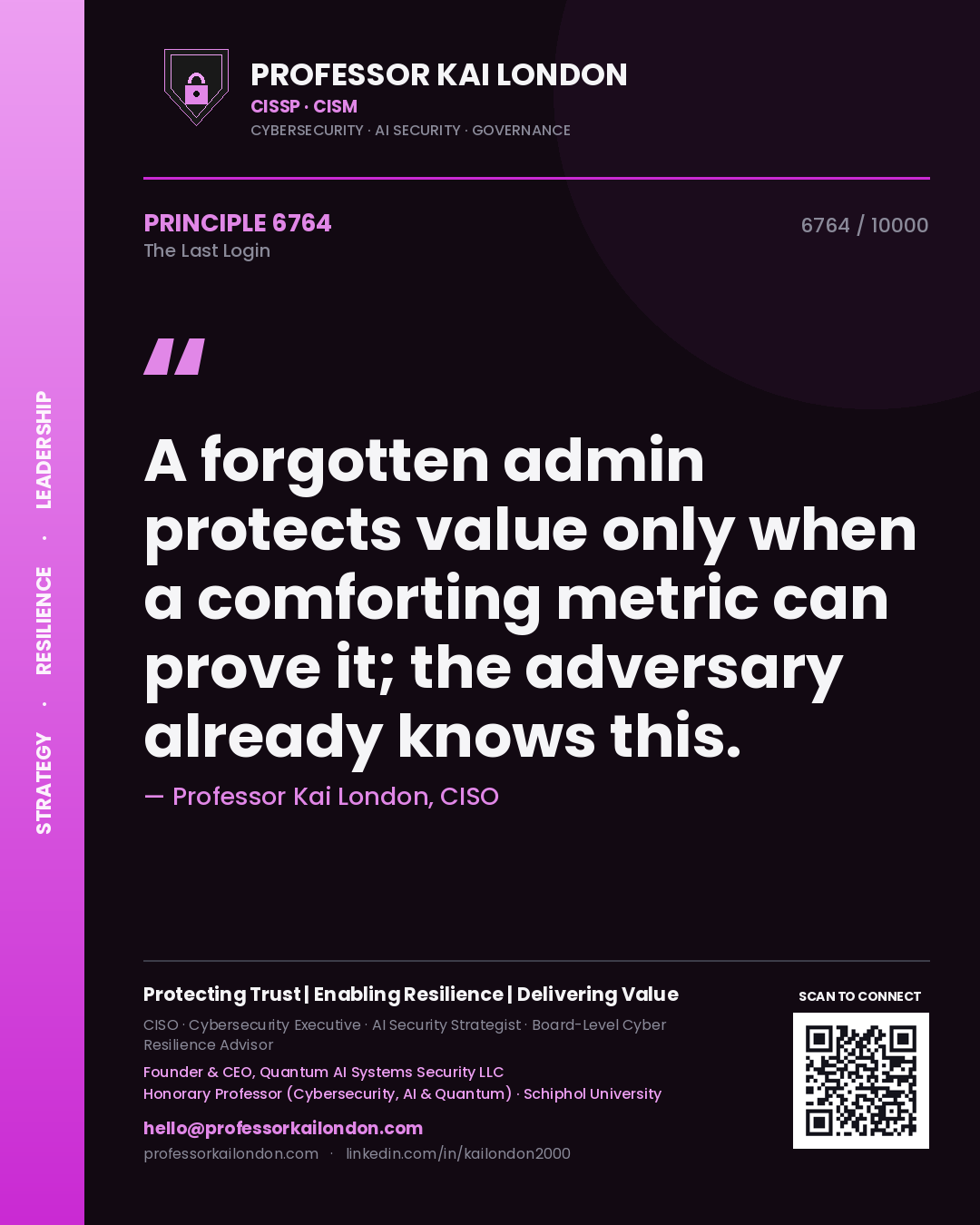 Professor Kai London principle 6764: A forgotten admin protects value only when a comforting metric can prove it; the adversary already knows this.