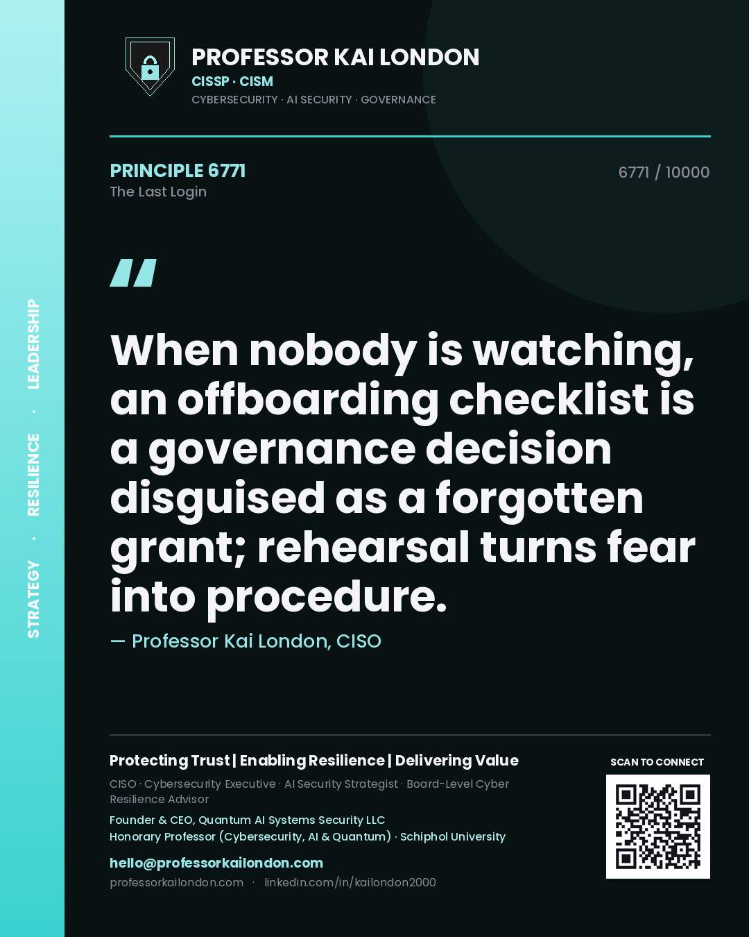Professor Kai London principle 6771: When nobody is watching, an offboarding checklist is a governance decision disguised as a forgotten grant; rehearsal turns fear into procedure.