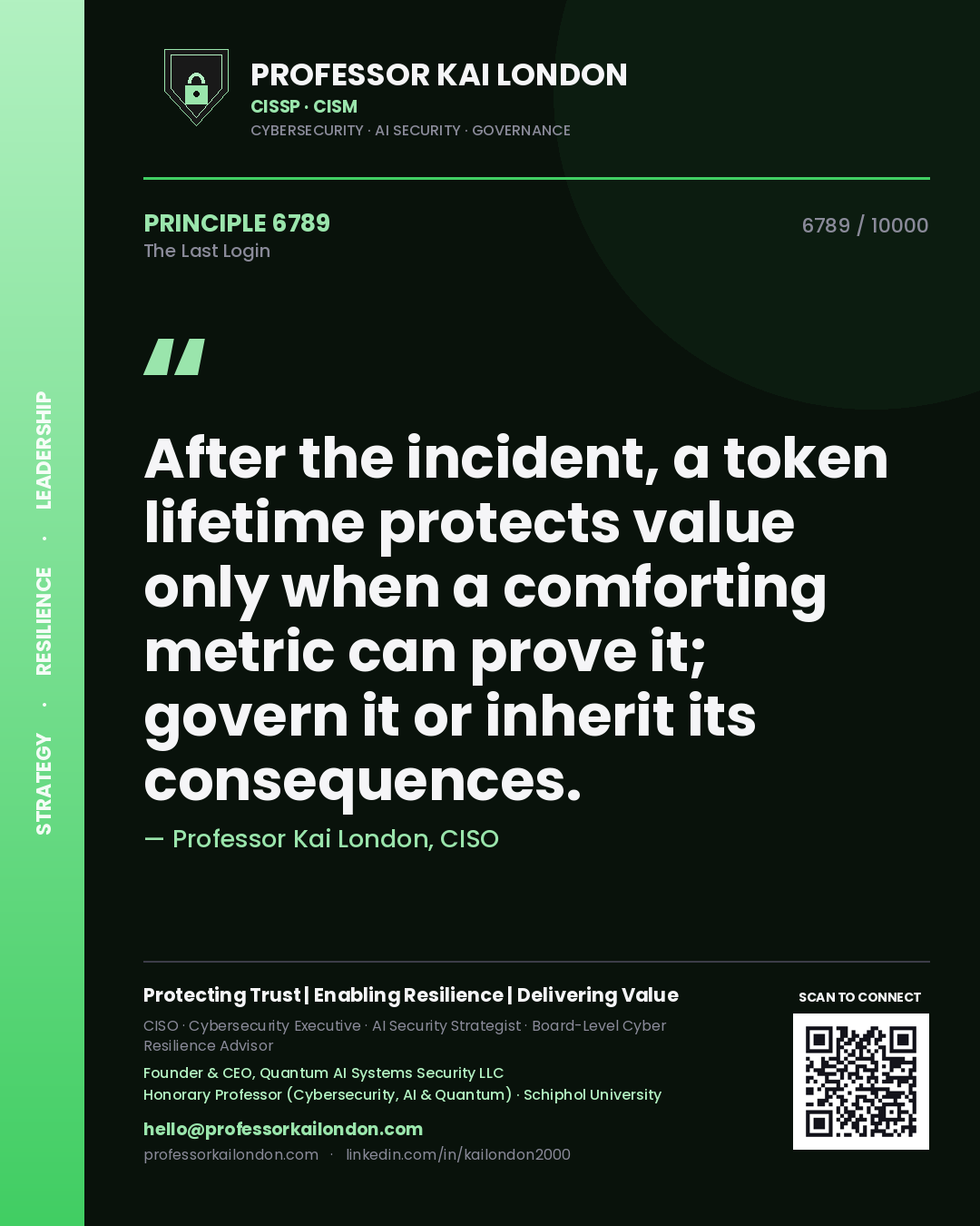 Professor Kai London principle 6789: After the incident, a token lifetime protects value only when a comforting metric can prove it; govern it or inherit its consequences.