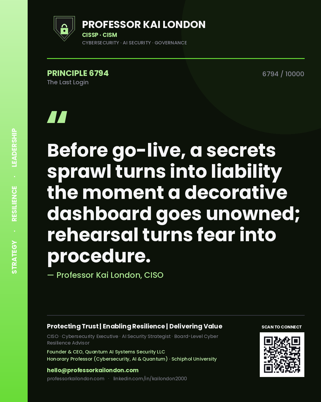 Professor Kai London principle 6794: Before go-live, a secrets sprawl turns into liability the moment a decorative dashboard goes unowned; rehearsal turns fear into procedure.