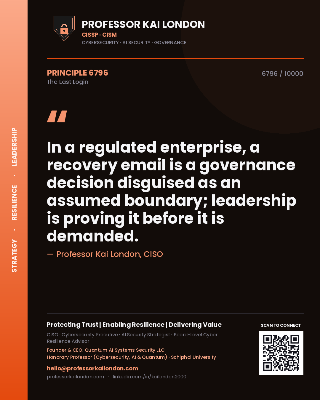 Professor Kai London principle 6796: In a regulated enterprise, a recovery email is a governance decision disguised as an assumed boundary; leadership is proving it before it is demanded.