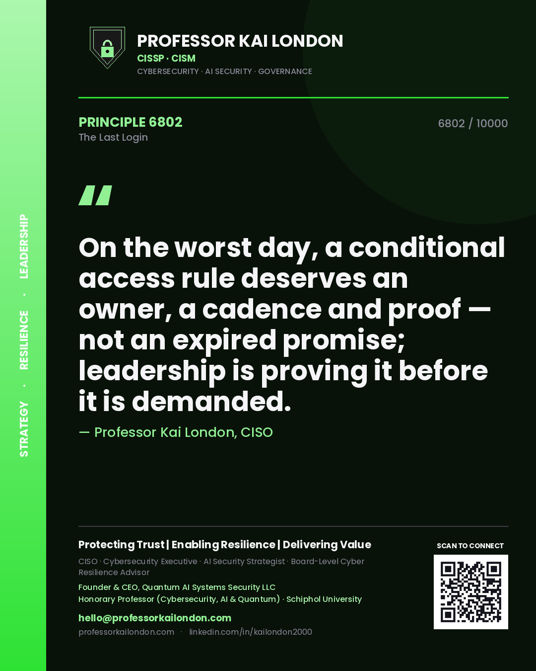 Professor Kai London principle 6802: On the worst day, a conditional access rule deserves an owner, a cadence and proof — not an expired promise; leadership is proving it before it is demanded.