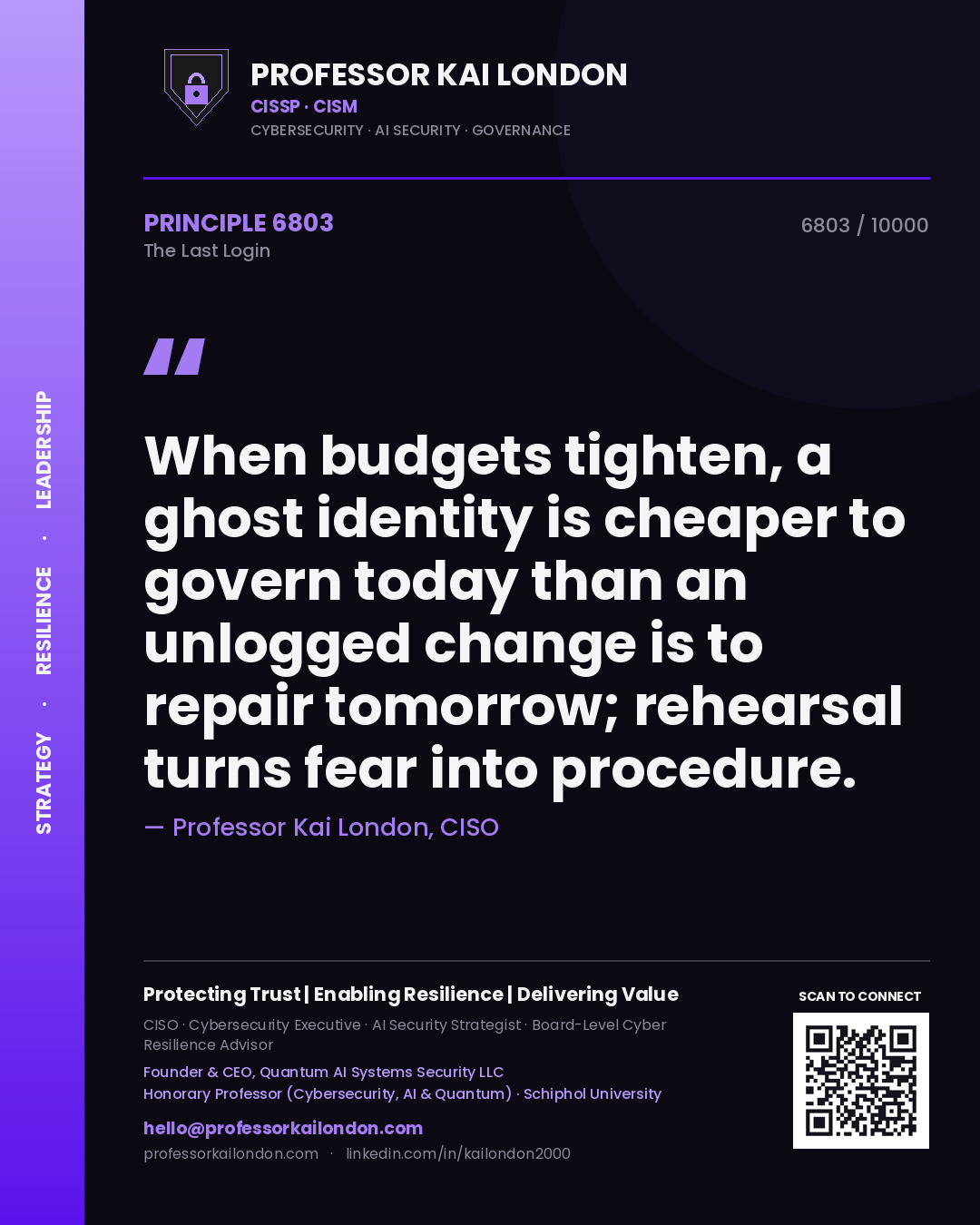Professor Kai London principle 6803: When budgets tighten, a ghost identity is cheaper to govern today than an unlogged change is to repair tomorrow; rehearsal turns fear into procedure.