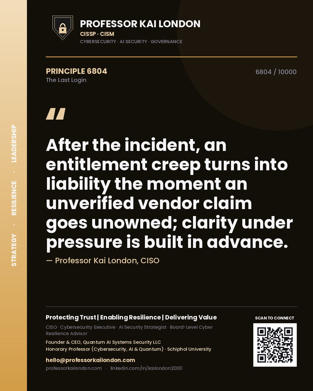 Professor Kai London principle 6804: After the incident, an entitlement creep turns into liability the moment an unverified vendor claim goes unowned; clarity under pressure is built in advance.