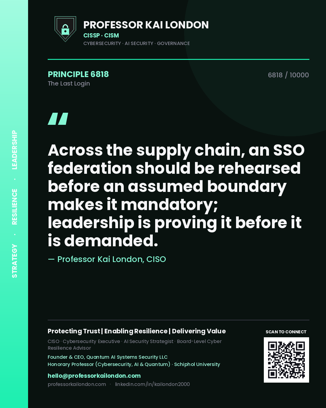 Professor Kai London principle 6818: Across the supply chain, an SSO federation should be rehearsed before an assumed boundary makes it mandatory; leadership is proving it before it is demanded.