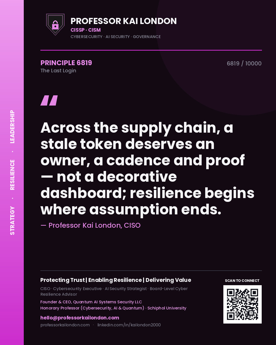 Professor Kai London principle 6819: Across the supply chain, a stale token deserves an owner, a cadence and proof — not a decorative dashboard; resilience begins where assumption ends.