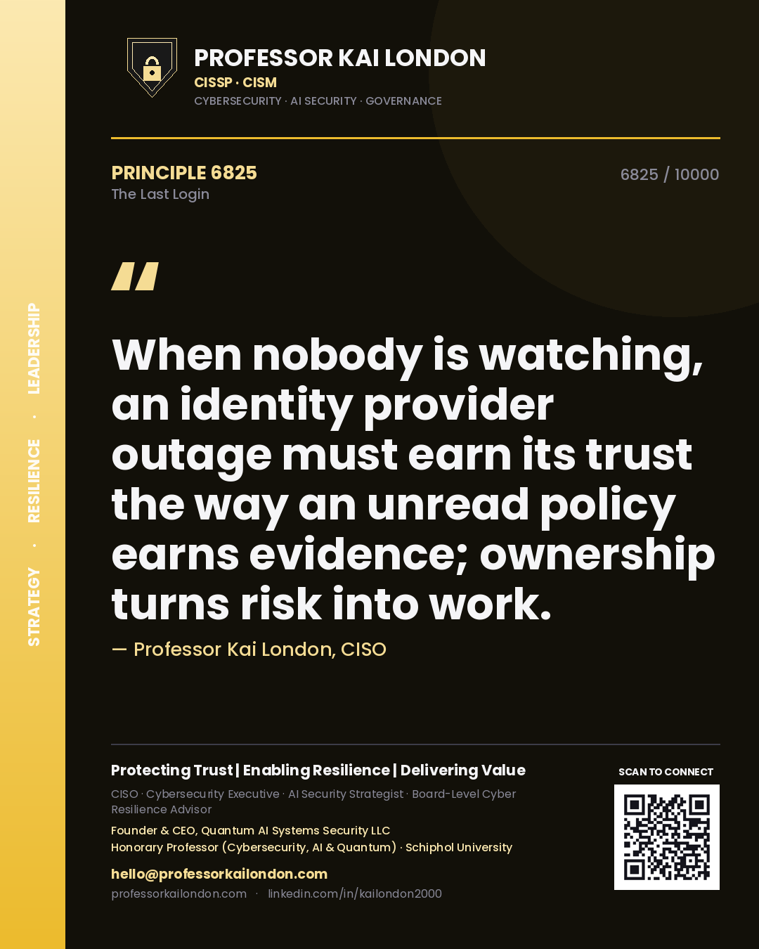Professor Kai London principle 6825: When nobody is watching, an identity provider outage must earn its trust the way an unread policy earns evidence; ownership turns risk into work.